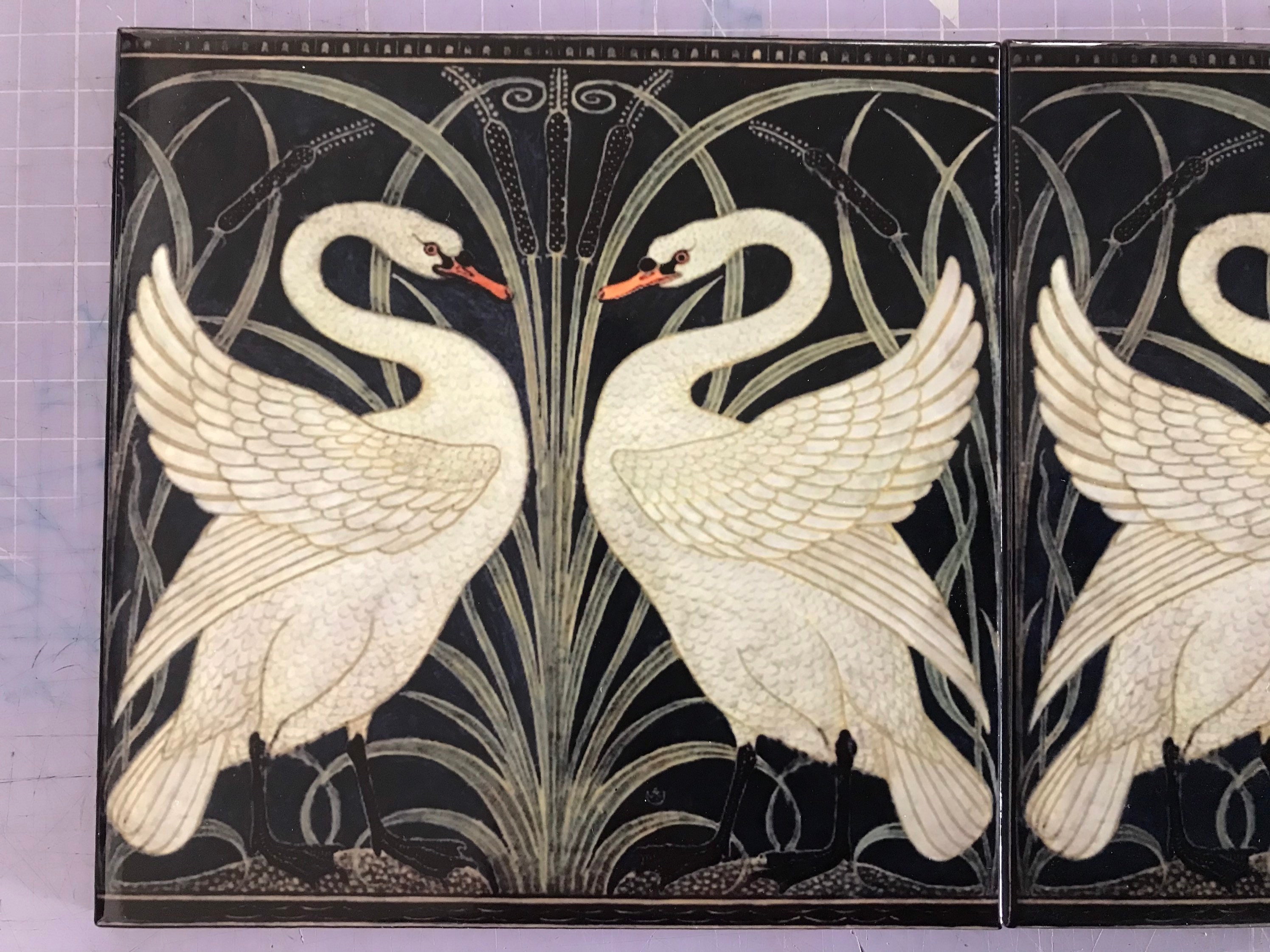 VICTORIAN ANTIQUE VINTAGE SWAN WITH CYGNETS POTTERY CERAMIC TILE C.1900 LOT A 