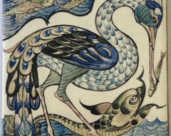 Art Nouveau Ceramic Coasters, Housewarming gift, Vintage Style Coaster ,De Morgan Heron and Fish