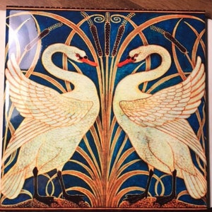 Puede incluir: Dos cisnes blancos con patas y picos negros se miran en un diseño estilizado azul y dorado. Los cisnes están en un campo de juncos altos, delgados y dorados con puntas azules. El fondo es azul oscuro.