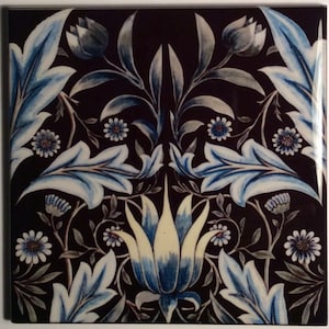Ceramic Tile Art Nouveau  Black with Flower / Aesthetic Ceramic Tile / New House Gift