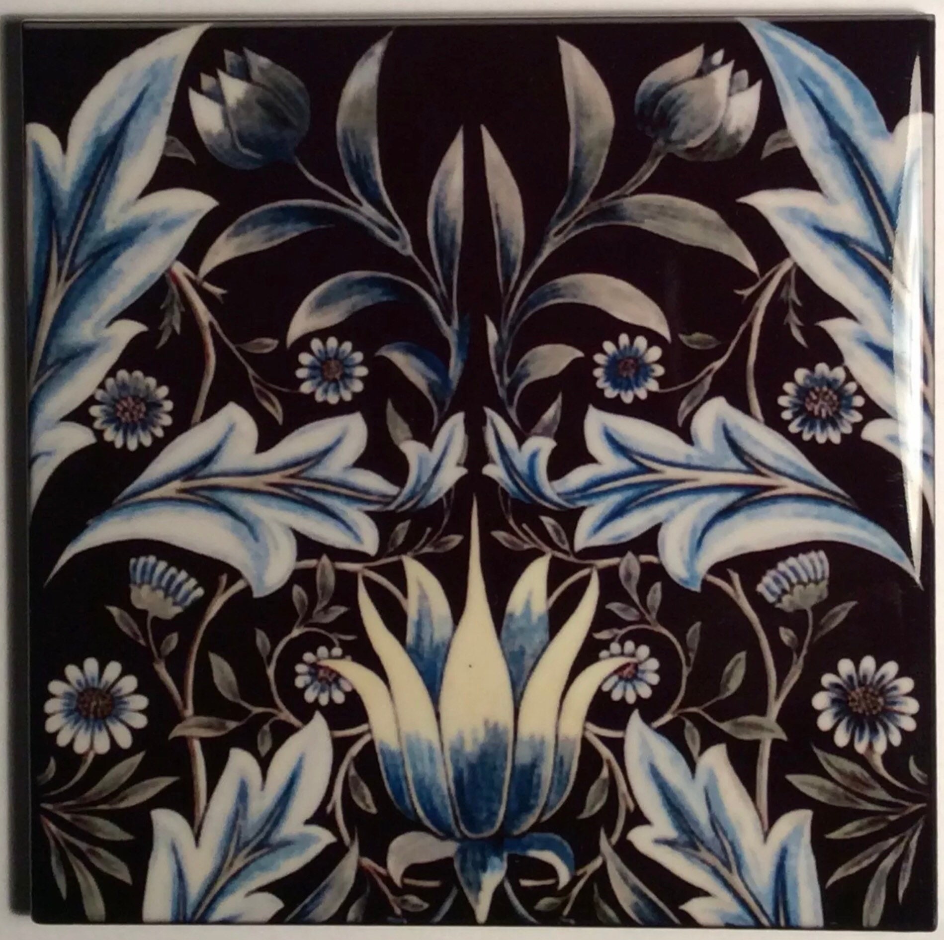 Ceramic Tile Art Nouveau  Black with Flower / Aesthetic Ceramic Tile / New House Gift