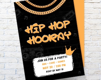 Hip Hop Birthday Invite, Hip Hop Party, Gold Chain Birthday Invite, Digital Download Invite, Rap Birthday Party