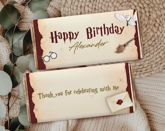 Wizarding World Chocolate Bar Wrapper, Wizard Birthday Party Favors, Kids Birthday Chocolate Wrappers, School of Magic Wizard Party Decor