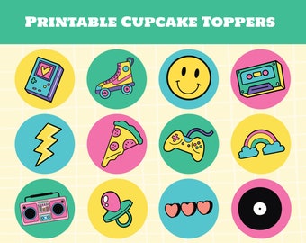 90s Birthday Cupcake Toppers, Back to the 90s Party Decor, Retro Party Confetti, Nostalgic Printable Party Decorations, 90s Bday Cake Topper
