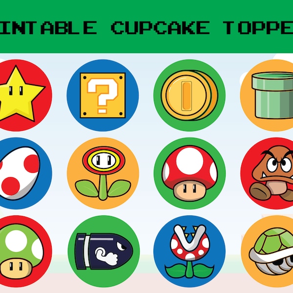 Super Mario Themen Cupcake Toppers, Instant Download, Mario Party Dekor, Super Mario Themen Konfetti