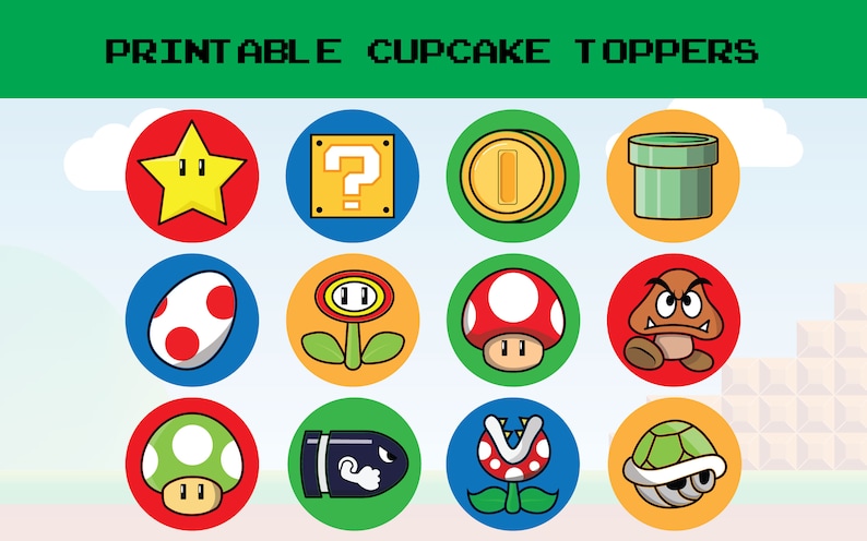 May include: Printable cupcake toppers featuring characters and items from the Super Mario Bros. video game. The toppers include a star, a question block, a coin, a pipe, an egg, a flower, a mushroom, a Goomba, a green mushroom, a bullet bill, a Piranha Plant, and a Koopa Troopa.