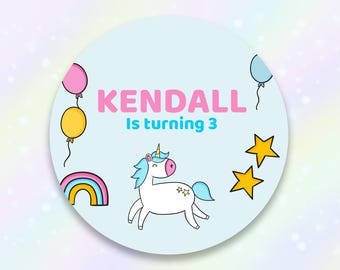 Personalized Unicorn Birthday Stickers, Kids Birthday Favor Sticker, Birthday Favor Labels, Pink Blue Unicorn Rainbow Theme Birthday Decals