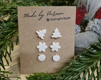 Festive polymer clay Christmas earrings, clay earrings, stud earrings, pine tree/snowflake/ornament earring set, White Christmas Collection