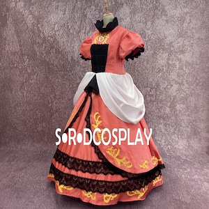 May include: A coral-colored cosplay dress with black lace trim and gold embroidery. The dress features a black bodice, white accents, and puffed sleeves. The text "S OR DCOSPLAY" is visible on the skirt.