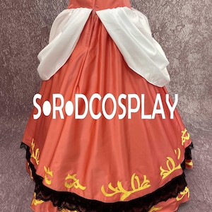 May include: A coral-colored dress with white accents and black lace trim. The dress features yellow floral embroidery near the hem and the text "S.R.DCOSPLAY" across the front. The sleeves have black trim.