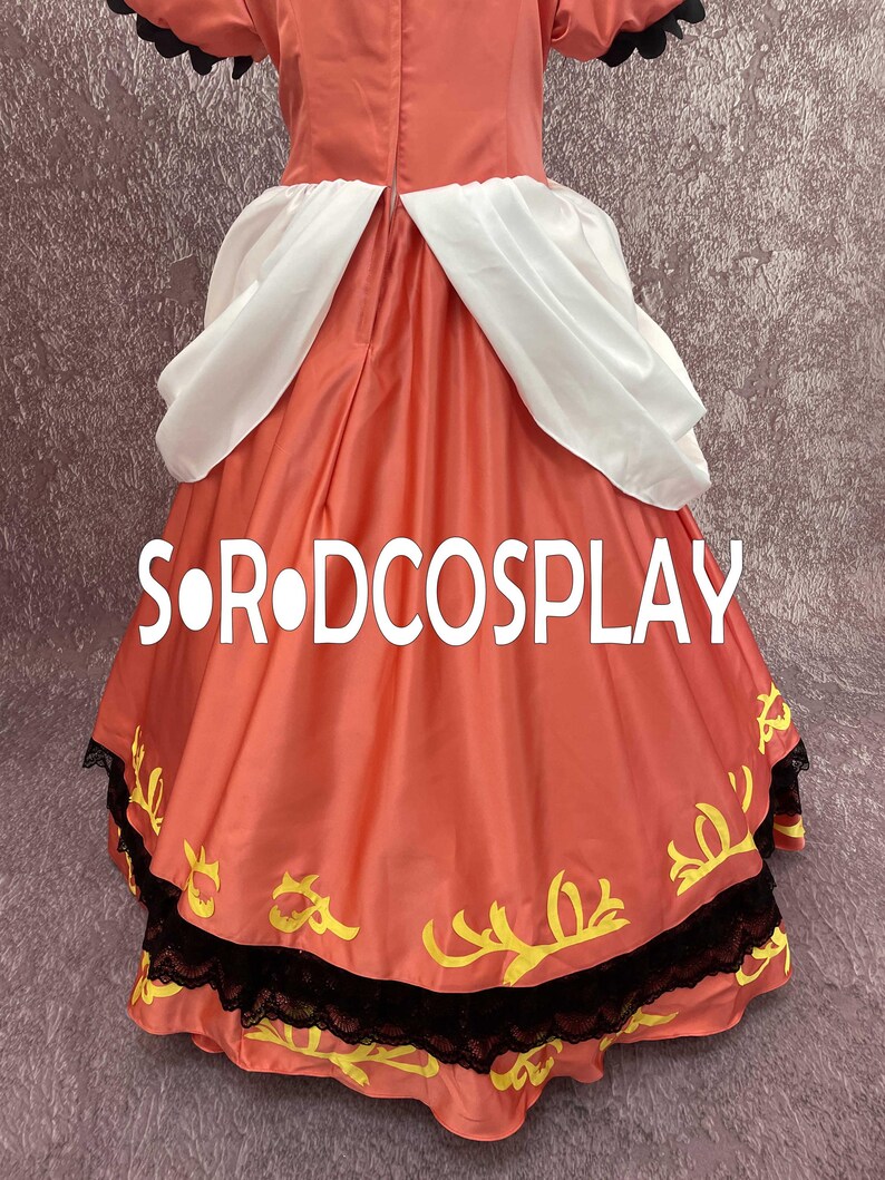 May include: A coral-colored dress with white accents and black lace trim. The dress features yellow floral embroidery near the hem and the text "S.R.DCOSPLAY" across the front. The sleeves have black trim.