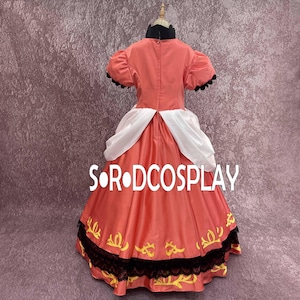 May include: A coral-colored cosplay dress with short, puffed sleeves and a black collar. The dress features white accents and a skirt with gold and black trim. The text "S&bull;R&bull;DCOSPLAY" is visible on the skirt.