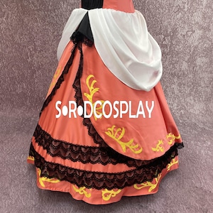 May include: A coral-colored dress with black lace trim and yellow floral accents. The dress features a white and black bodice and a flowing skirt. The text "SORODCOSPLAY" is printed on the skirt.