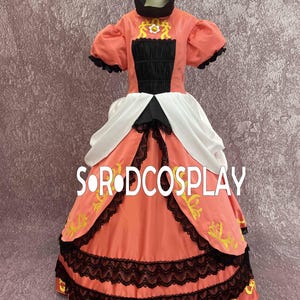 May include: A coral-colored costume dress with black and white accents. The dress features a high collar, puffed sleeves, and a full skirt with black lace trim. The text "SORODCOSPLAY" is printed on the skirt.