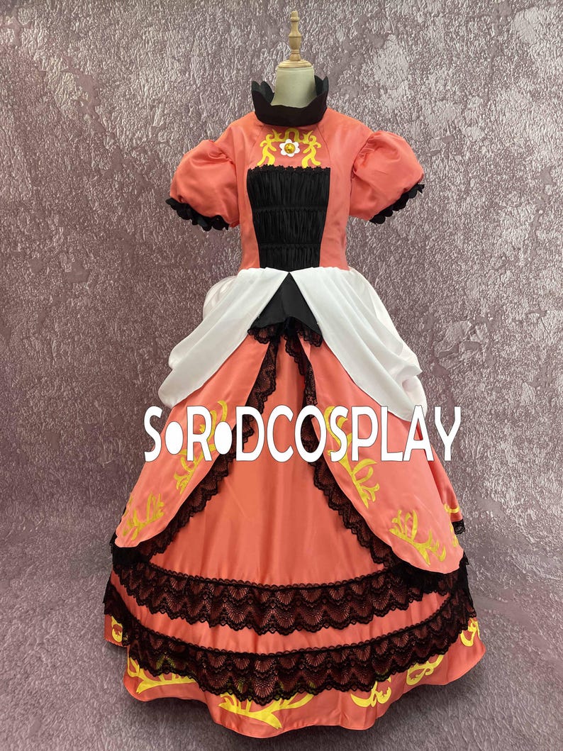 May include: A coral-colored costume dress with black and white accents. The dress features a high collar, puffed sleeves, and a full skirt with black lace trim. The text "SORODCOSPLAY" is printed on the skirt.