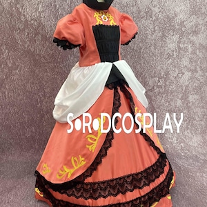 May include: A coral-colored costume dress with black lace trim and yellow floral accents. The dress features a black bodice, white accents, and short puffed sleeves. The text "SORODCOSPLAY" is visible on the skirt.
