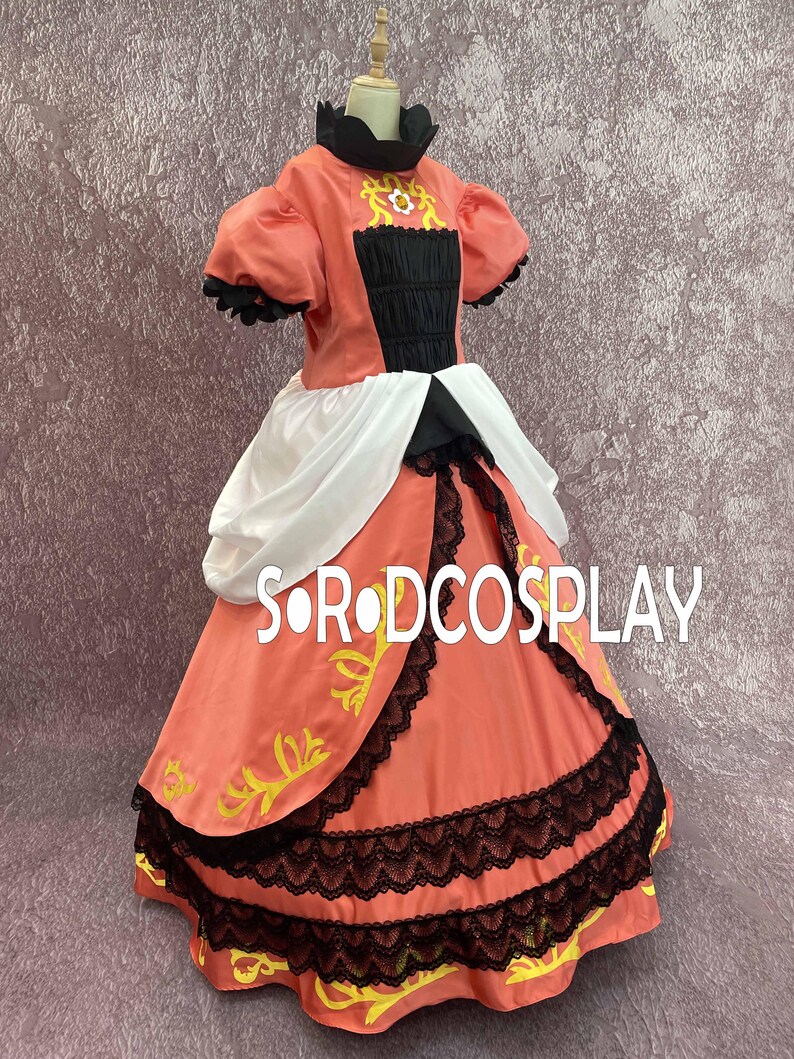May include: A coral-colored costume dress with black lace trim and yellow floral accents. The dress features a black bodice, white accents, and short puffed sleeves. The text "SORODCOSPLAY" is visible on the skirt.