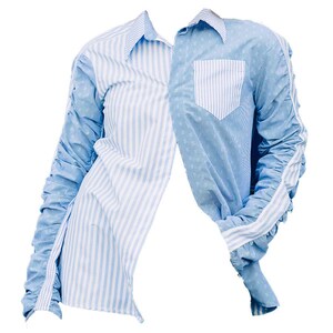 May include: A two-toned button-down shirt with a collared neckline. One side features vertical blue and white stripes, while the other has a blue polka dot pattern. The sleeves are gathered, and the shirt has a pocket.