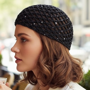 Black Crochet Mesh Beanie Hat: Festival Skull Cap with Sequins