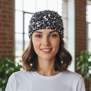 Black crochet mesh hat with sequins: crochet sparkly beanie, scull cap vintage style