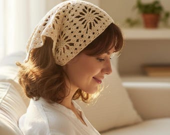 Crochet Cotton Bandana: Cottagecore Cream Hair Kerchief