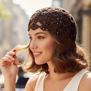 Brown Crochet Mesh Beanie Hat: Festival Skull Cap with Sequins