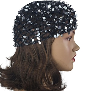 Black mesh beanie hat with sequins, sparkly beanie net hat crochet hat mesh scull cap beanie vintage style shiny Lace hat