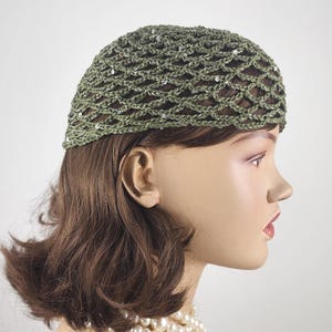 mesh beanie with sequins, crochet green mesh hat, all color skull cap, netted mesh cap, handmade hat, vintage netted hat, crochet mesh