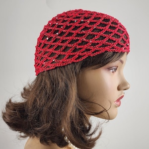 Red crochet cap, mesh hat, all color skull cap, netted mesh cap, handmade hat, mesh beanie with sequins, vintage netted hat, crochet mesh