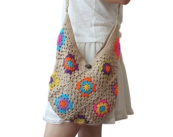 Beige Crochet Bag, Granny Square Bag, Afghan Bag, Tote Bag, Shoulder Bag, Boho Bag, Hippie Bag, Gift for Her