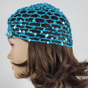 Blue mesh beanie hat with sequins, sparkly beanie net hat crochet hat mesh scull cap beanie vintage style shiny Lace hat