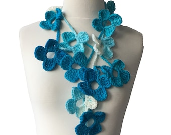 Crochet Lariat Flower scarf, Crochet Necklace Scarf, Women crochet floral scarf necklace, Daisy figure winter knit accessories, gift for her