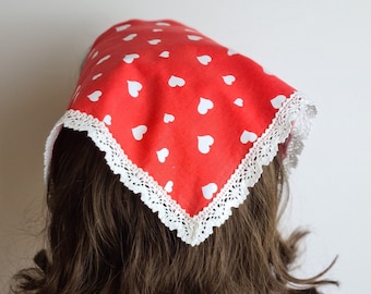 Cotton Red Headband, Red Heart Bandana, Cotton Kerchief with lace, triangle head scarf, lace headband, gift for her