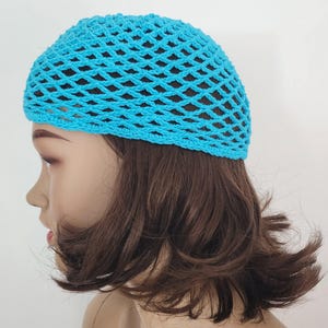 Blue crochet mesh hat, red crochet skull cap, crochet netted hat, vintage netted hat, crochet cotton mesh hat, crochet cap woman