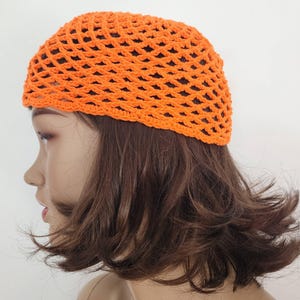 orange crochet mesh hat, red crochet skull cap, crochet netted hat, vintage netted hat, crochet cotton mesh hat, crochet cap woman, handmade