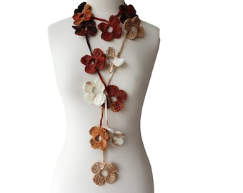 Fall Crochet lariat ,flower flower lariat scarf ,crochet necklace scarf,