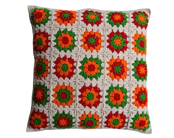 crochet pillow cover, granny square cushion cover, multicolored pillow cover, colorful cushion cover