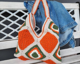 Crochet Bag, Granny Square Afghan Bag, Crochet Purse, Summer Bag, Boho Bag, Vintage Style, Hippie Bag, Granny Square Shoulder Bag, Gift