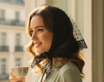 Black Lace headscraf: Hair Kerchief, Chapel Veil,