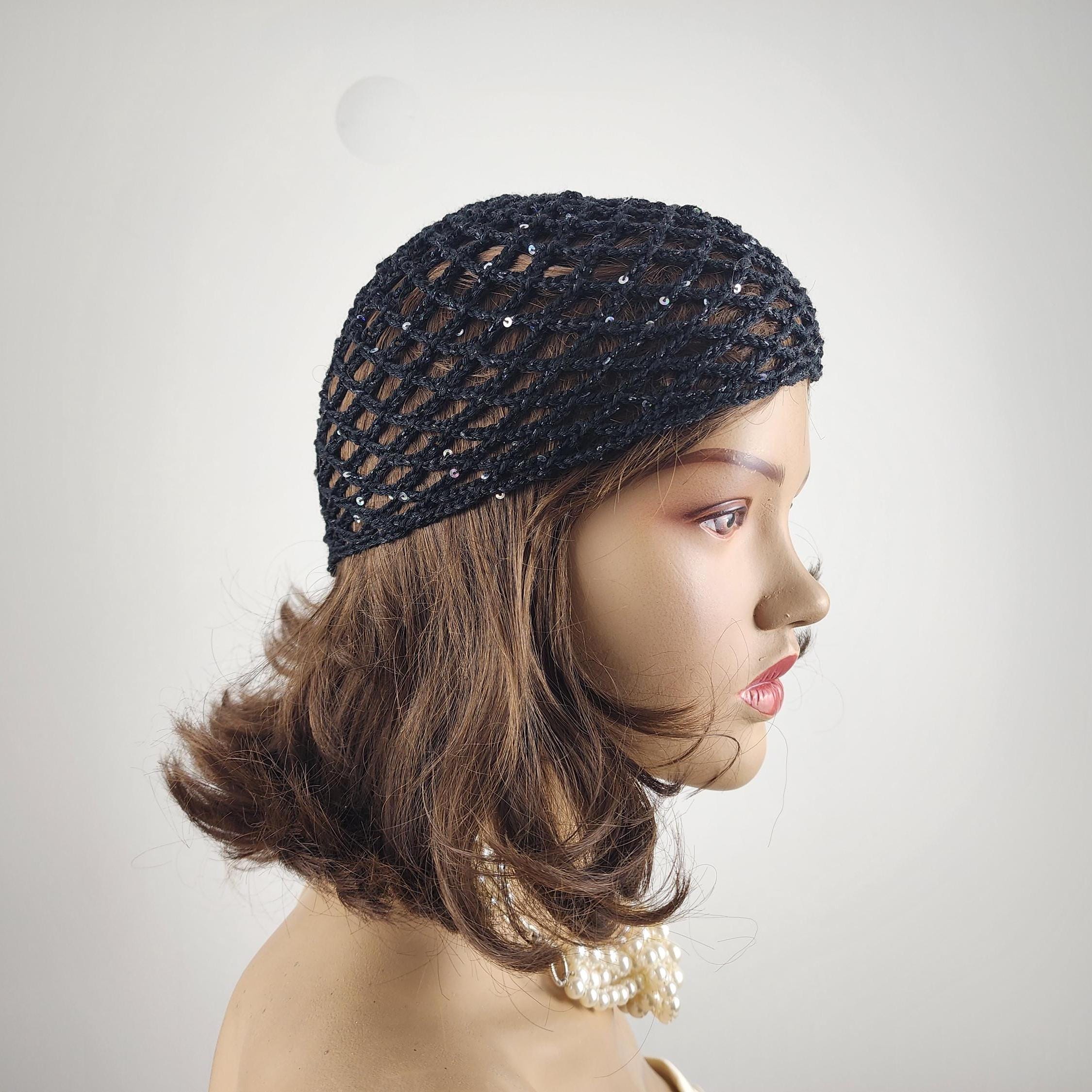 crochet black mesh hat, all color skull cap, netted mesh beanie, handmade hat, mesh beanie with sequins, vintage netted hat, crochet mesh