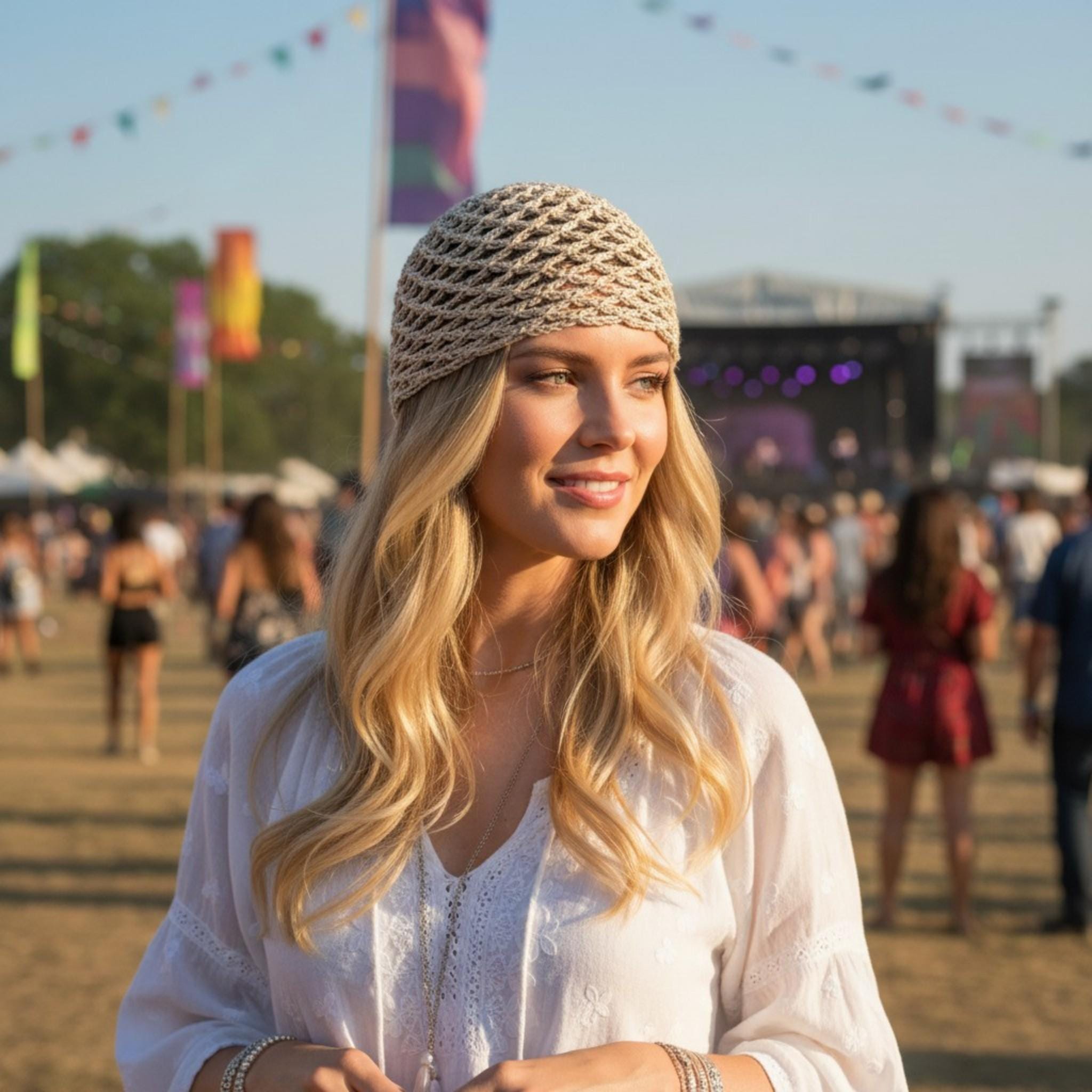 Crochet Gold Mesh Beanie Hat: Champagne Festival Skull Cap with Sequins