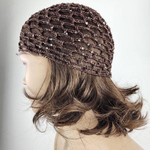 crochet brown mesh hat, all color skull cap, netted mesh cap, handmade hat, mesh beanie with sequins, vintage netted hat, crochet mesh