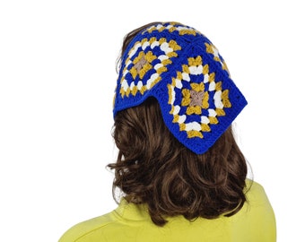 Crochet Bandana, Hair Kerchief, Royal Blue Bandana, triangle head scarf, Retro Bandana, hair kerchief, gift for her, boho bandana