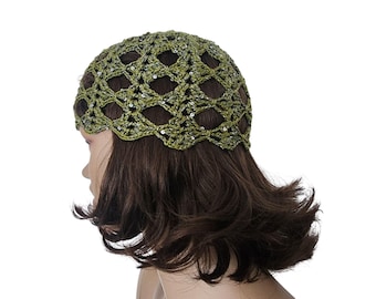crochet green mesh hat, all color skull cap, netted mesh cap, handmade hat, mesh beanie with sequins, vintage netted hat, crochet mesh