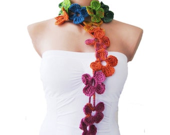 Crochet flower scarf, Women hand crochet scarf, colorful scarf with flowers, Neck accessories