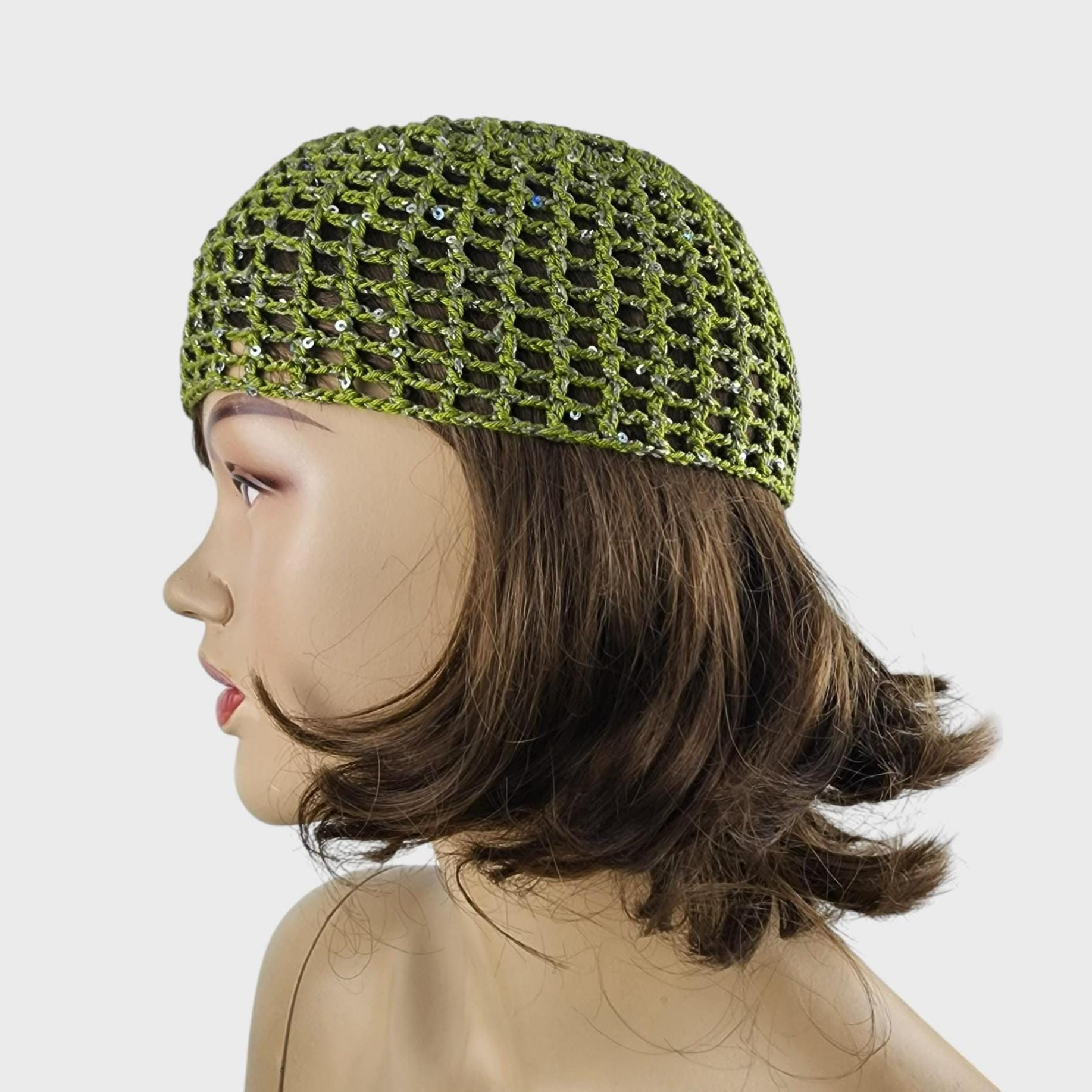 Created by Cyd Handmade Crochet Beanie Forest Green Mesh Knit Skull Cap Hat‎ NEW Crochet Green Mesh Beanie Hat: Forest Festival Skull Cap  main image 3