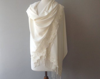 Châle de mariage, châle pashmina, châle ivoire épais, châle de mariée, couverture de mariée, pashmina de mariage épais, cadeau de demoiselle d'honneur, cape de mariée