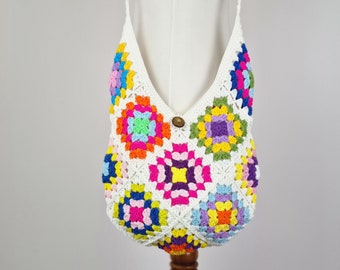 Afghan Crochet Bag with Granny Square Motiffs, Hobo Bag for girl