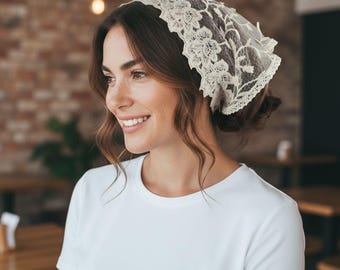 Lace headscraf, hair kerchief, ivory bandana, cottagecore hair piece, romantic floral scarf