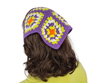 Crochet Bandana, Hair Kerchief, Purple granny square triangle head scarf, Retro Bandana, hair kerchief, Zara Model kerchief, boho bandana